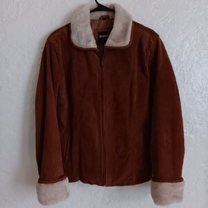 Juliano Celini Suede Leather Jacket Sz XL Cognac Brown Faux Fur Collar Cuffs Y2k